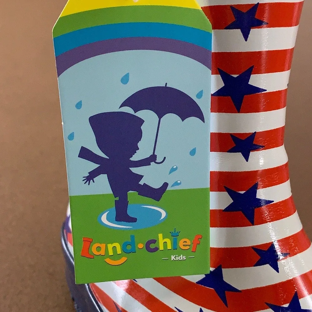 Landchief Kids Shoe Size 9 Red White Blue Striped Rubber Rain Boots NWT